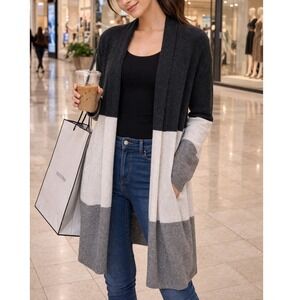 Women's Long Color Block Cardigan Sweater In Grey And White - Lagenlook